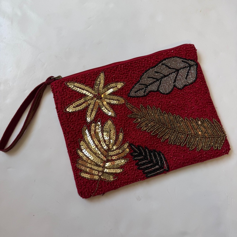 America & Beyond Burgundy Beaded Sequin Leaf Wristlet Clutch Formal Evening Bag